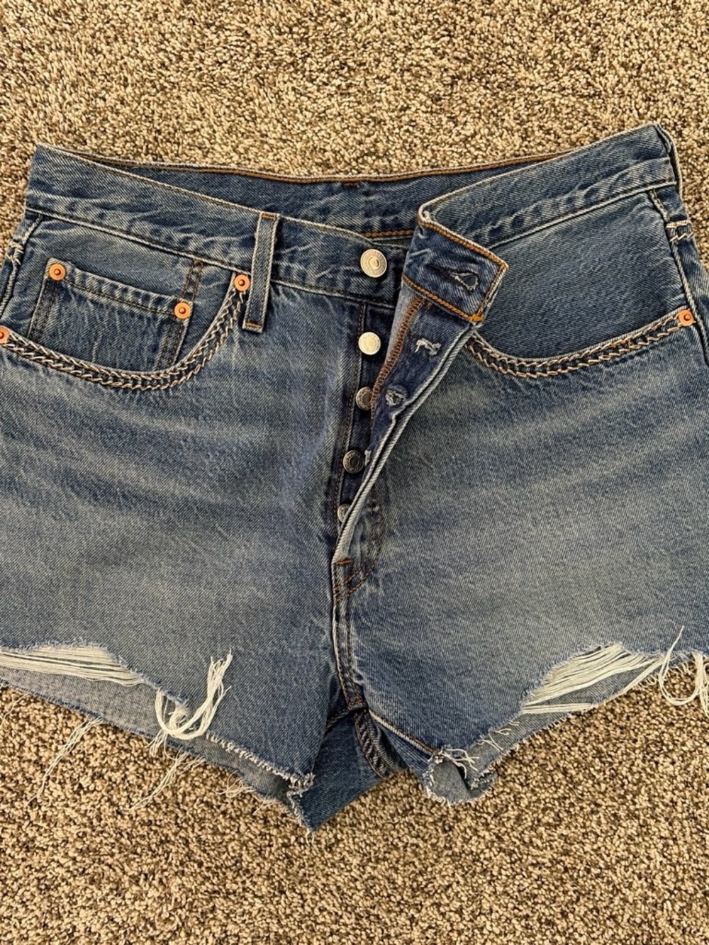 Levi's Distressed Blue Denim Button-Fly Shorts